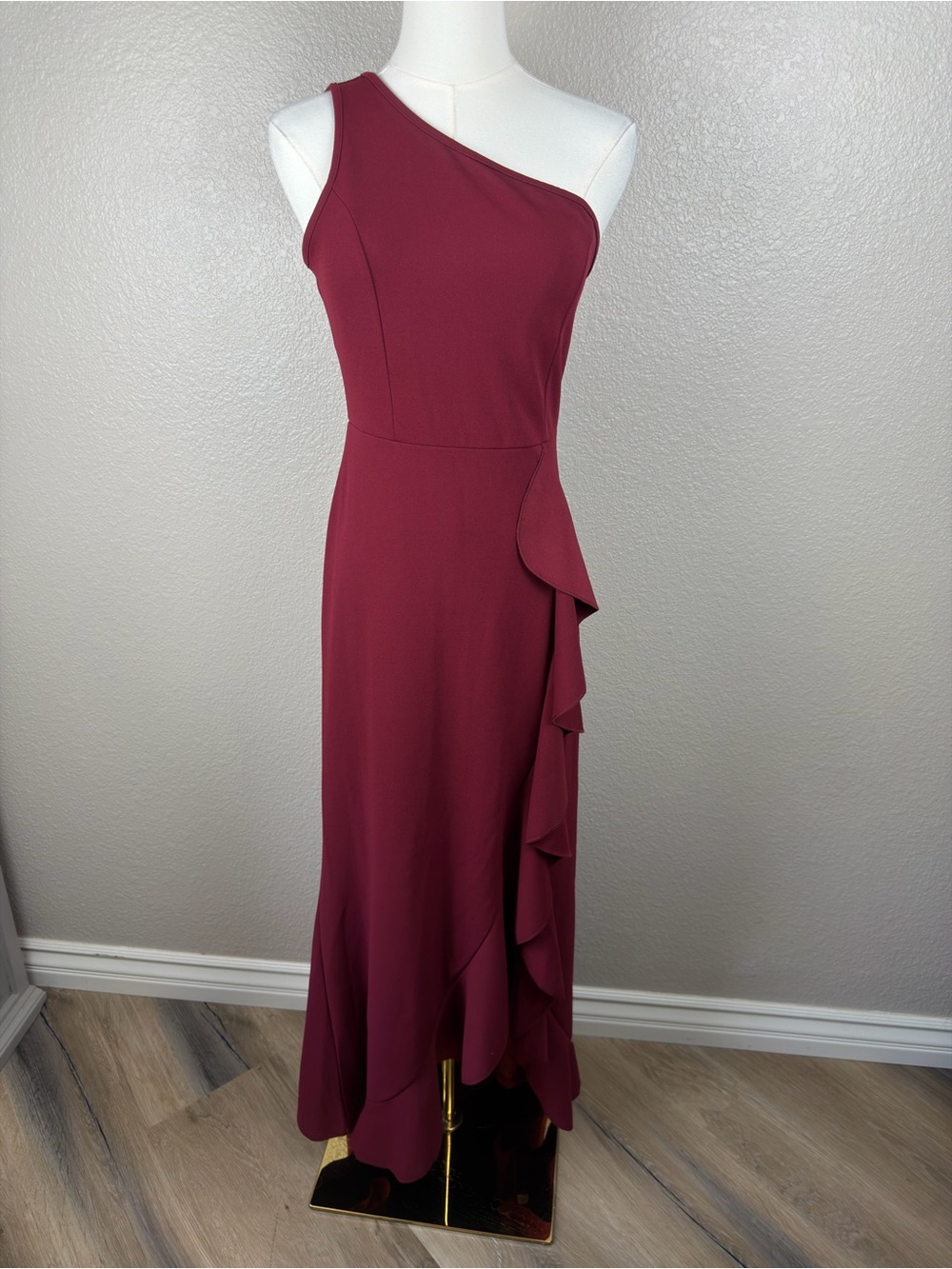 NWT S.L. Fashions One-Shoulder Ruffle Evening Gown - Wine, Small